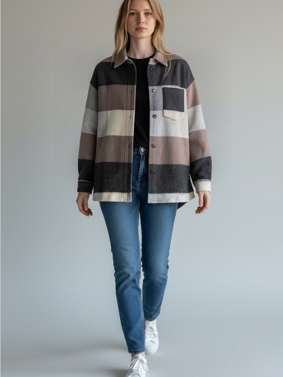Zara Sweaters - Zara Striped Button-Up Shacket in Black, Brown, Cream